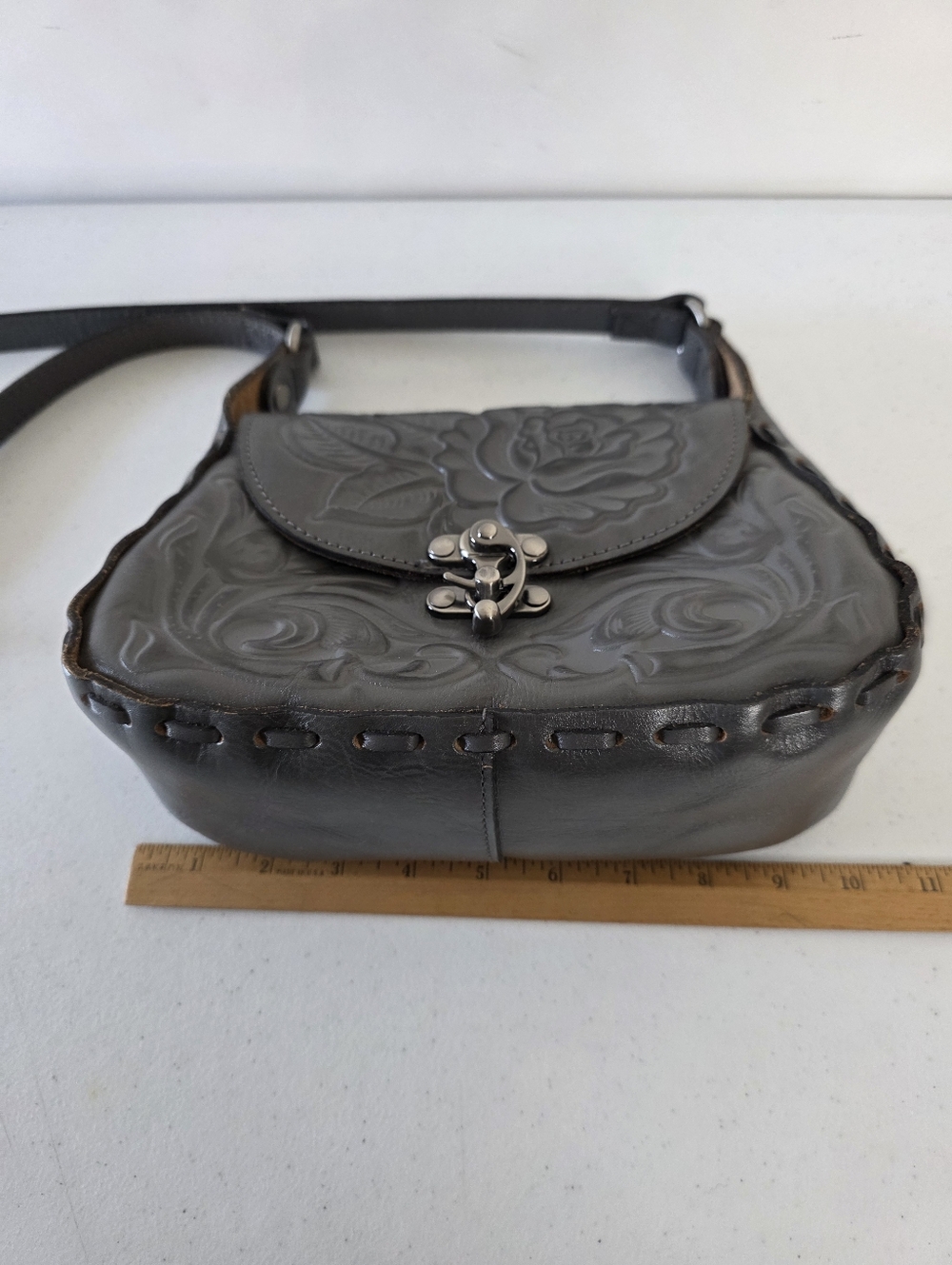Patricia Nash Metallic Gray Tooled Leather Crossbody Bag - Picture 11 of 15